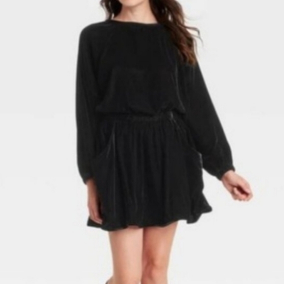 Universal Thread Black Long Sleeve Velvet Mini A-Line Dress Size Large NWT - Picture 2 of 10